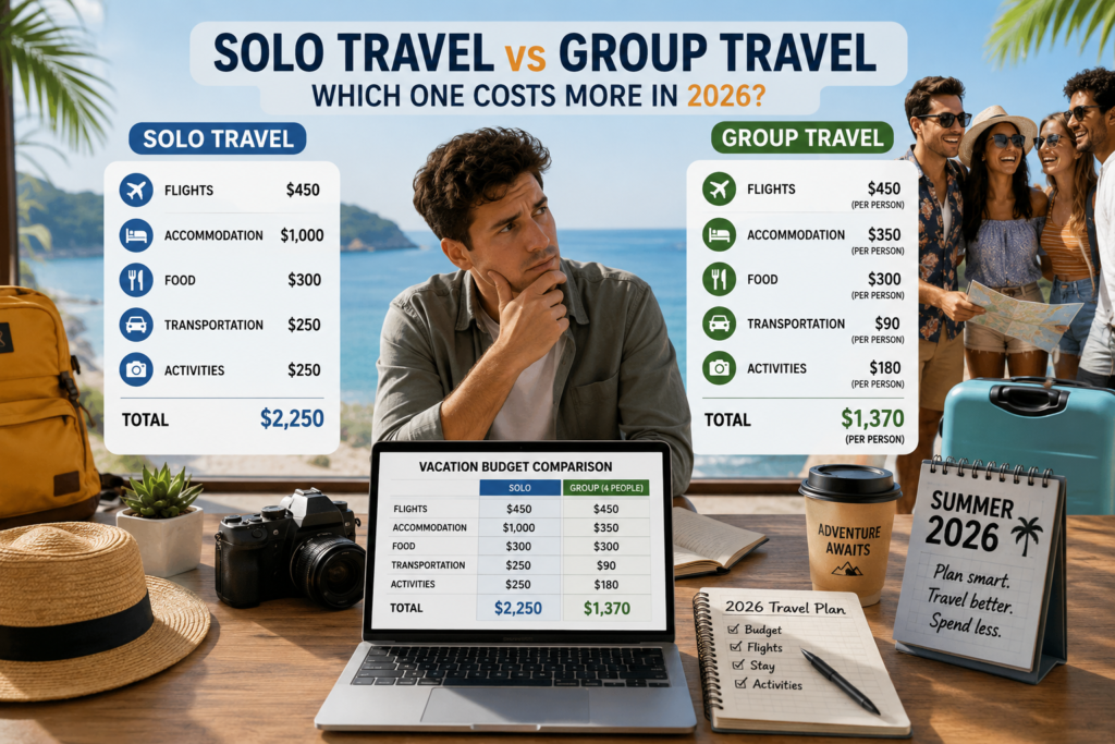 Traveler comparing solo travel and group travel expenses on a summer vacation budget