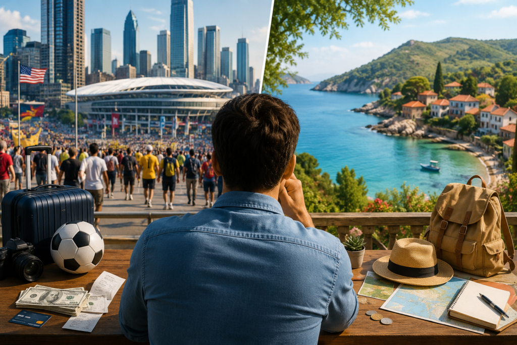 Traveler comparing World Cup host city expenses with a budget-friendly hidden summer destination