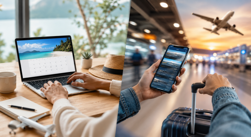 A person is comparing advance planning versus last-minute booking to save money on travel, with a laptop, smartphone, suitcase, and airport in the background.