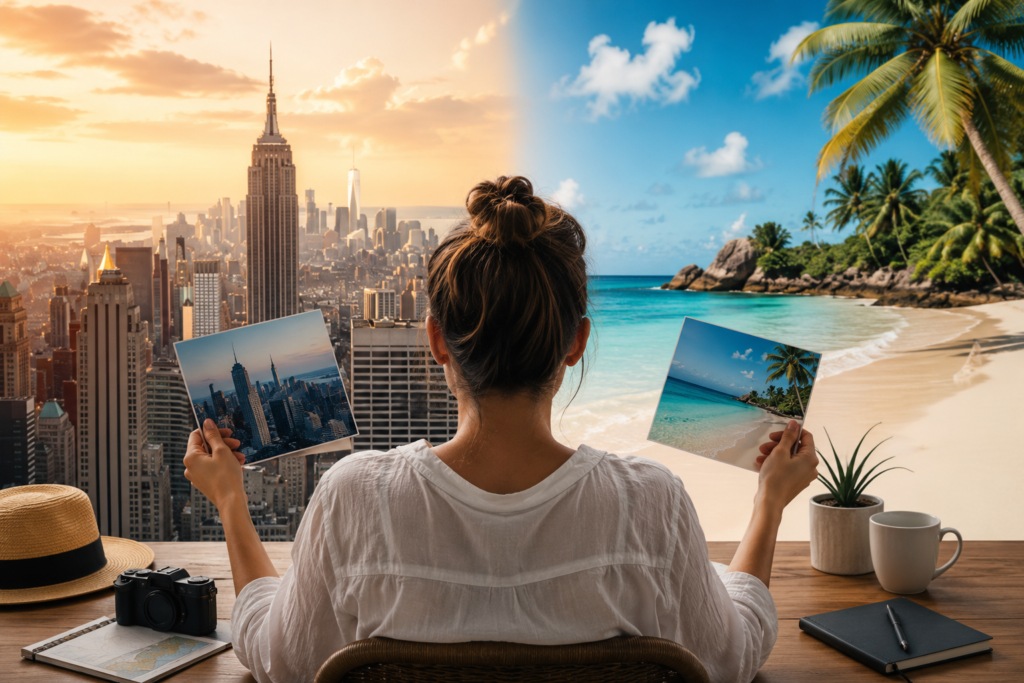 Traveler comparing a city skyline and a beach destination before booking a summer vacation