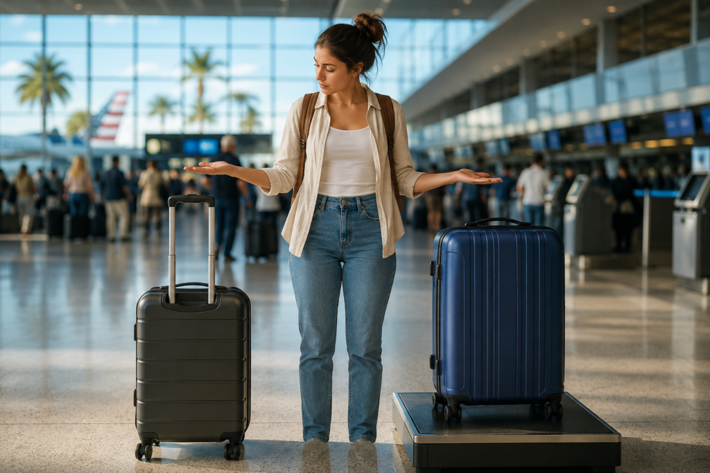 Traveler comparing carry-on luggage and checked baggage costs at a U.S. airport during summer travel season